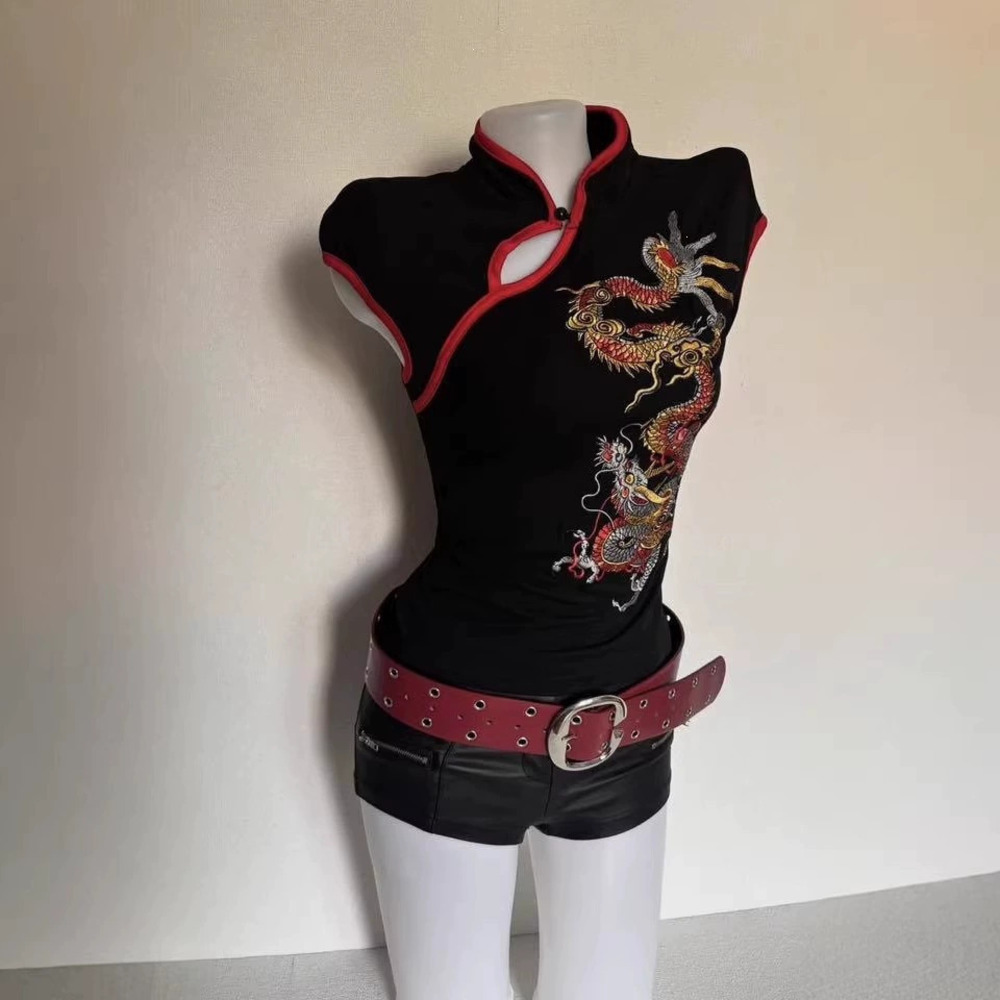 Zara Gothic Dragon Embroidery Cheongsam Top Black
